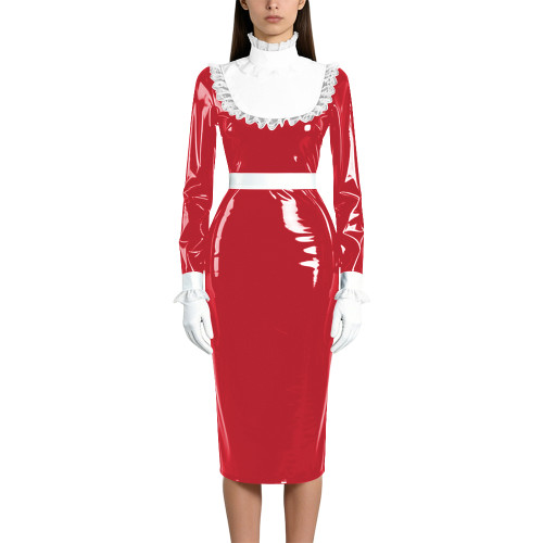 Shiny Wetlook PVC Maid Pencil Dress Elegant Ruffles Collar Long Sleeve Mid Dress Sissy Crossdresser Raves Party Cosplay Dresses