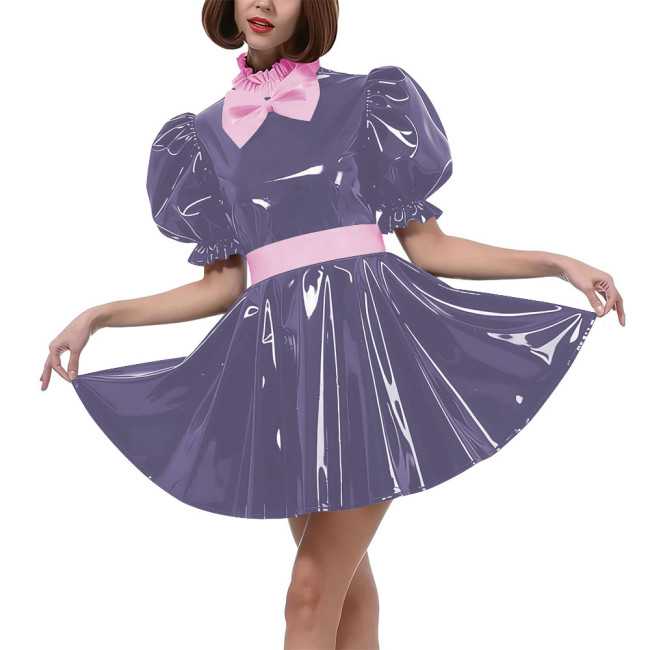 Sweet Bow Lolita Pleated Mini Dress Women Puff Sleeves Maid Cosplay Costume PVC Patent Leather Party Dress Outfit Crossdressring