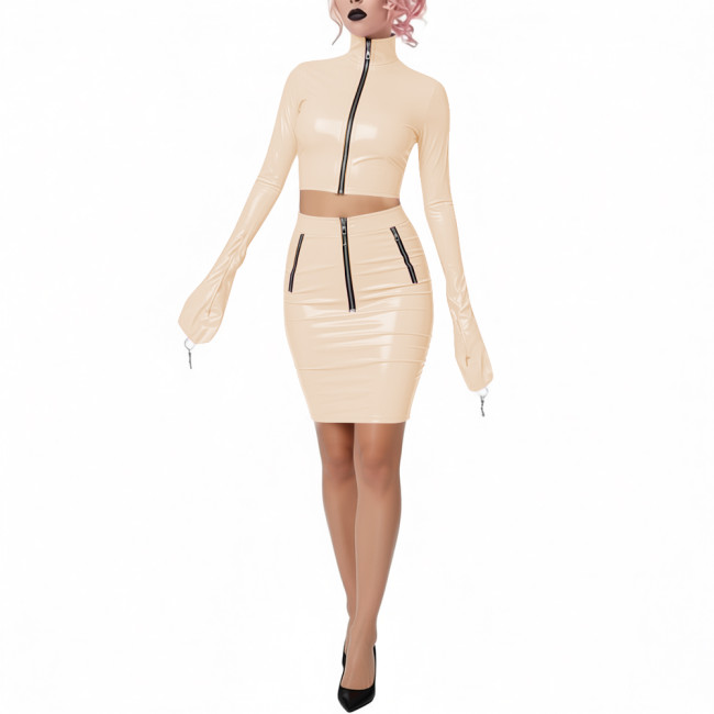Shiny PVC Leather Club 2-Piece Set High Neck Full Sleeve Crop Top with Bodycon Pencil Skirt Novelty Chic Dress Outfits for Party