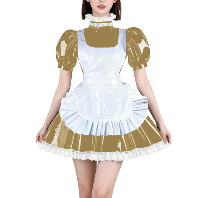 Womens French Maid Cosplay Mini Dress Puff Short Sleeve High Neck Lace Trim Dress with Apron Halloween Carnival Party Costume