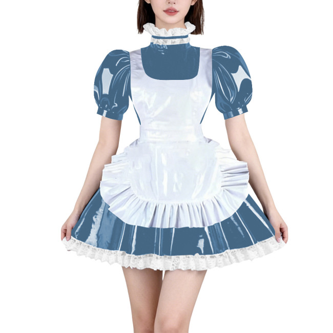 Womens French Maid Cosplay Mini Dress Puff Short Sleeve High Neck Lace Trim Dress with Apron Halloween Carnival Party Costume