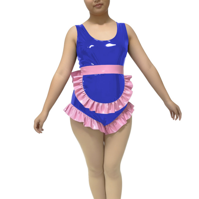 Ruffles Sexy Sleeveless Maid Bodysuit Fetish PVC Glossy Leather High Cut Rompers Sissy Maid Cosplay Leotard Crossdress Lingerie