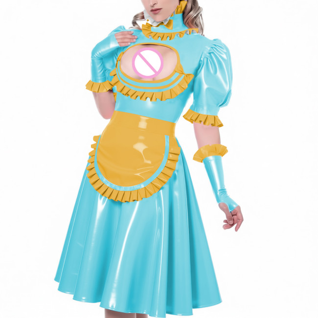Sexy Hollow Vinyl PVC Leather Maid Dress High Neck Ruffles Trims Puff Sleeve A-Line Dress with Gloves Apron Naughty Maid Uniform