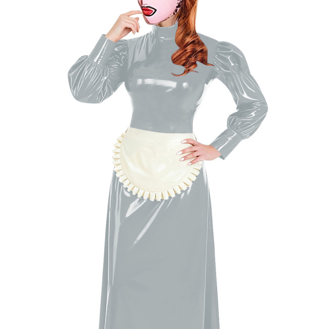 Elegant Long Maid Dress with Apron High Neck Long Sleeve PVC Shiny Leather Maid Dresses Cosplay Sissy Servants Wetlook Uniforms