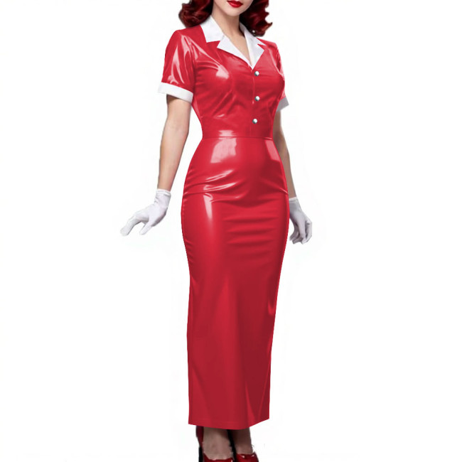 Plus Size Women Shiny Patent Leather Long Dresses Short Sleeve Turn-down Collar Ladies Slim Dress Button-up PVC Pencil Dress