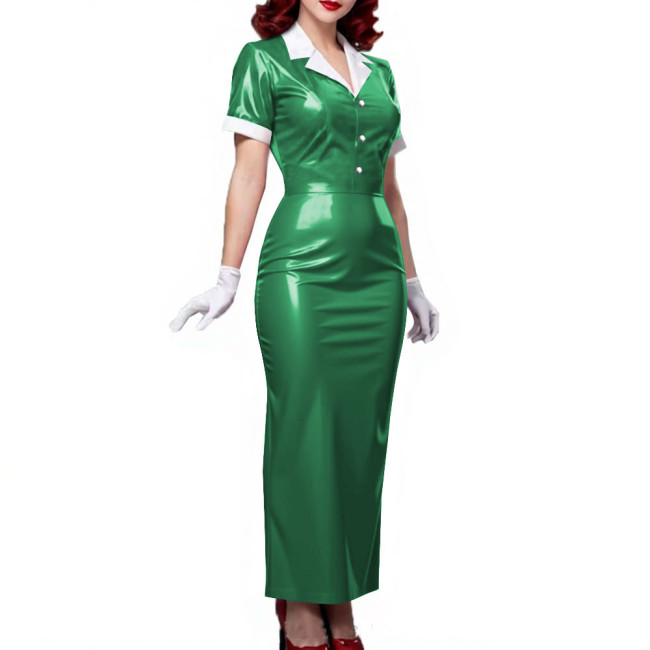 Plus Size Women Shiny Patent Leather Long Dresses Short Sleeve Turn-down Collar Ladies Slim Dress Button-up PVC Pencil Dress