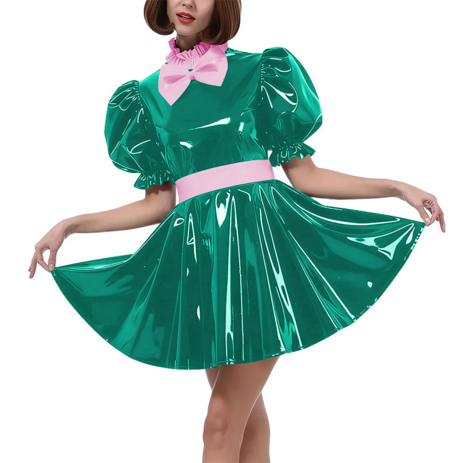 Sweet Bow Lolita Pleated Mini Dress Women Puff Sleeves Maid Cosplay Costume PVC Patent Leather Party Dress Outfit Crossdressring