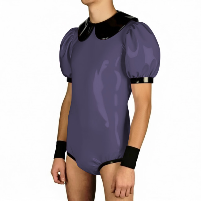Mens Sissy Doll Collar Puff Short Sleeve Bodysuit Club Patchwork Glossy PVC Leather Rompers Halloween Party Suit Cosplay Leotard