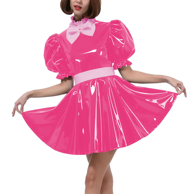 Sweet Bow Lolita Pleated Mini Dress Women Puff Sleeves Maid Cosplay Costume PVC Patent Leather Party Dress Outfit Crossdressring