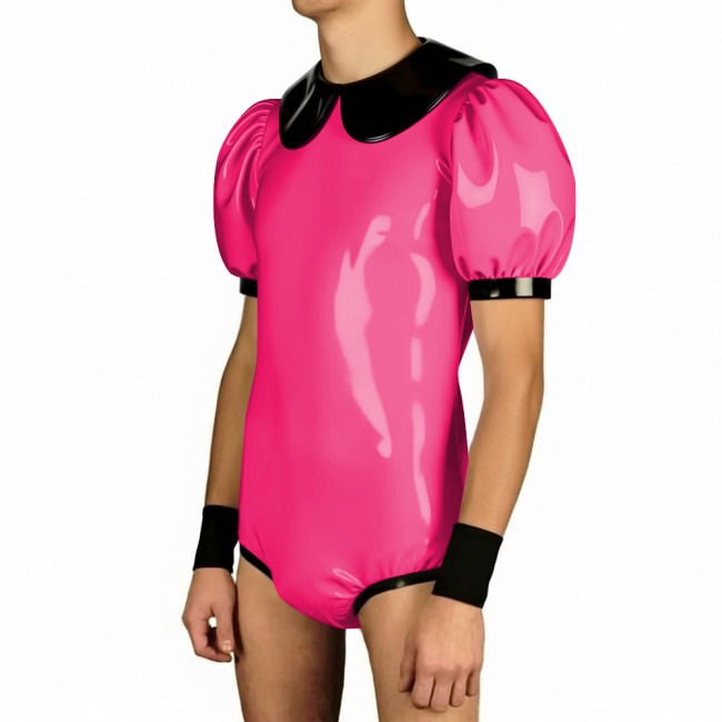Mens Sissy Doll Collar Puff Short Sleeve Bodysuit Club Patchwork Glossy PVC Leather Rompers Halloween Party Suit Cosplay Leotard