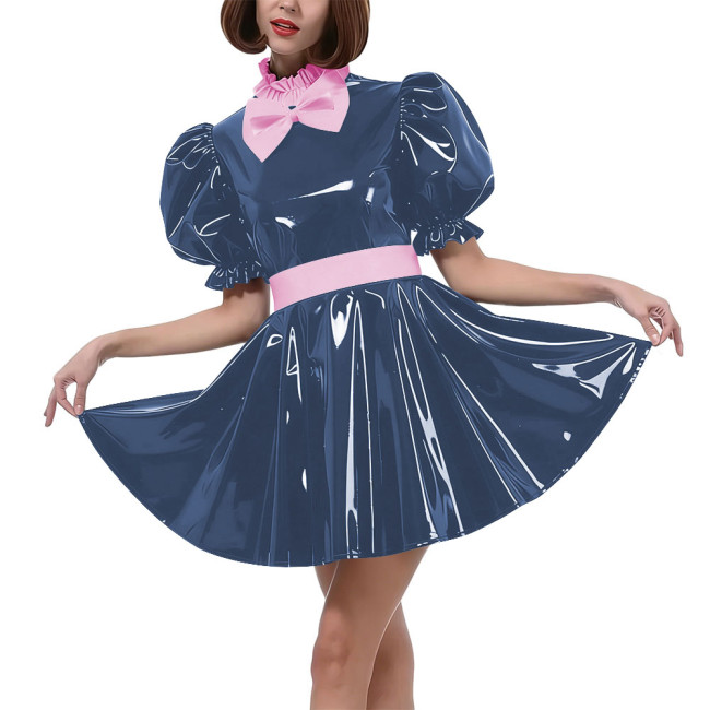 Sweet Bow Lolita Pleated Mini Dress Women Puff Sleeves Maid Cosplay Costume PVC Patent Leather Party Dress Outfit Crossdressring