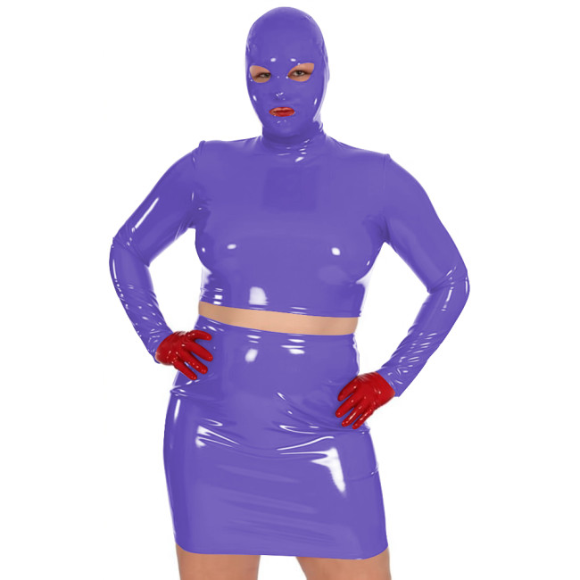 Novelty Women Glossy PVC Leather Masked Top Mini Skirt Club Cosplay 2Pc Sets Sexy Long Sleeve Crop Tops with High Waisted Skirts
