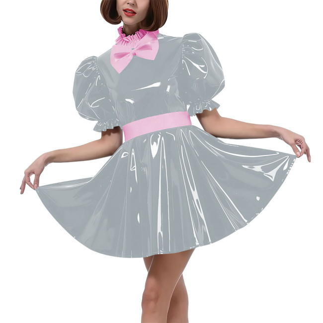 Sweet Bow Lolita Pleated Mini Dress Women Puff Sleeves Maid Cosplay Costume PVC Patent Leather Party Dress Outfit Crossdressring