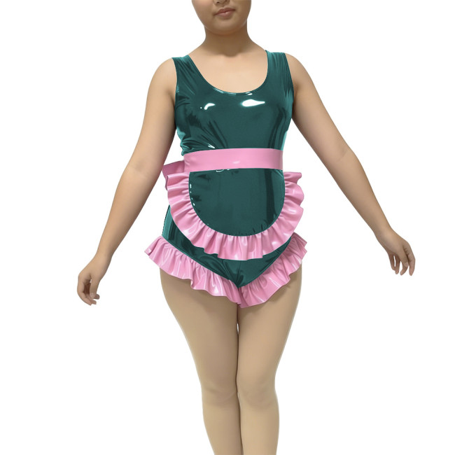 Ruffles Sexy Sleeveless Maid Bodysuit Fetish PVC Glossy Leather High Cut Rompers Sissy Maid Cosplay Leotard Crossdress Lingerie