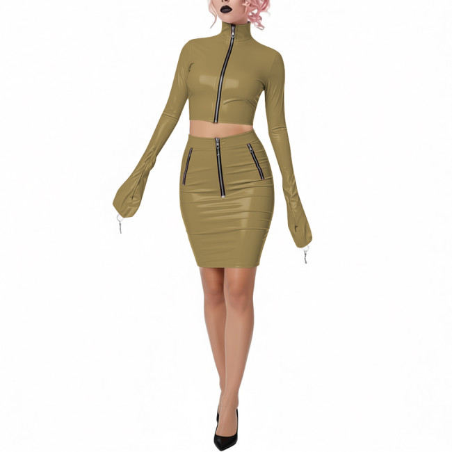 Shiny PVC Leather Club 2-Piece Set High Neck Full Sleeve Crop Top with Bodycon Pencil Skirt Novelty Chic Dress Outfits for Party