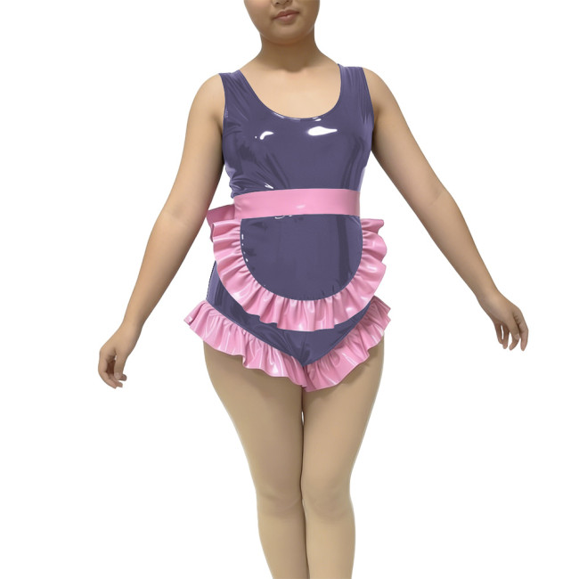Ruffles Sexy Sleeveless Maid Bodysuit Fetish PVC Glossy Leather High Cut Rompers Sissy Maid Cosplay Leotard Crossdress Lingerie