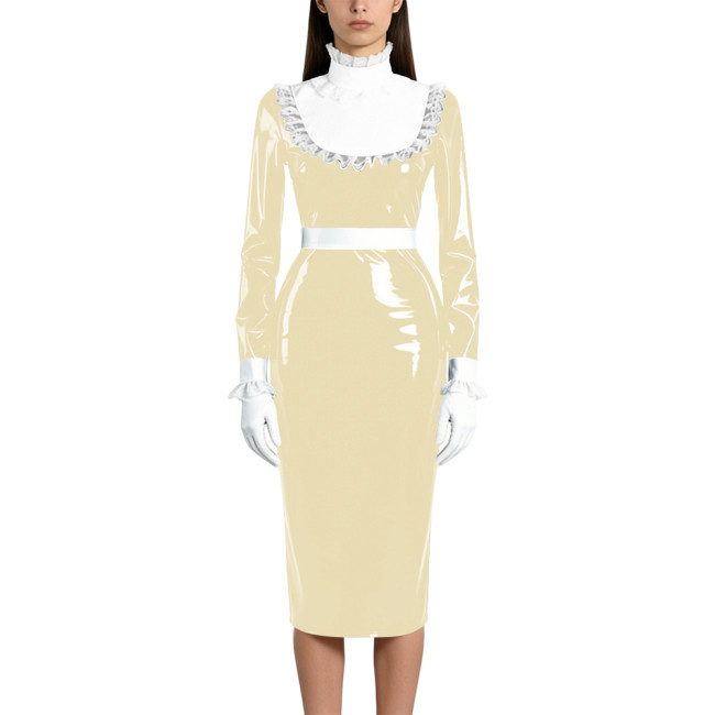 Shiny Wetlook PVC Maid Pencil Dress Elegant Ruffles Collar Long Sleeve Mid Dress Sissy Crossdresser Raves Party Cosplay Dresses