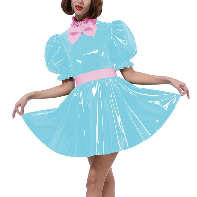 Sweet Bow Lolita Pleated Mini Dress Women Puff Sleeves Maid Cosplay Costume PVC Patent Leather Party Dress Outfit Crossdressring
