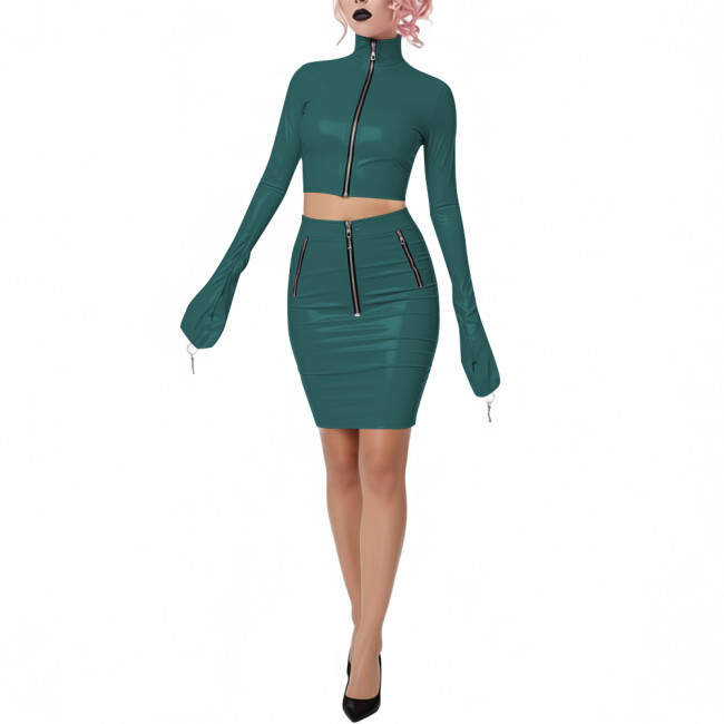Shiny PVC Leather Club 2-Piece Set High Neck Full Sleeve Crop Top with Bodycon Pencil Skirt Novelty Chic Dress Outfits for Party