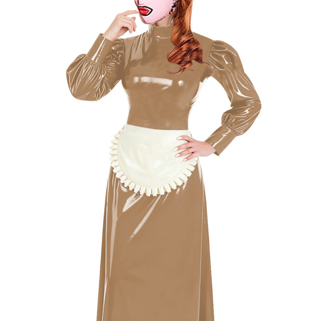 Elegant Long Maid Dress with Apron High Neck Long Sleeve PVC Shiny Leather Maid Dresses Cosplay Sissy Servants Wetlook Uniforms