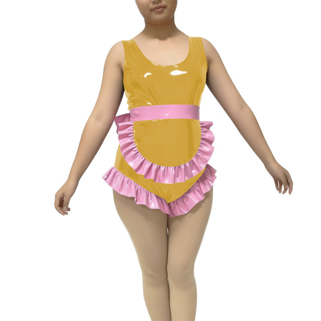 Ruffles Sexy Sleeveless Maid Bodysuit Fetish PVC Glossy Leather High Cut Rompers Sissy Maid Cosplay Leotard Crossdress Lingerie