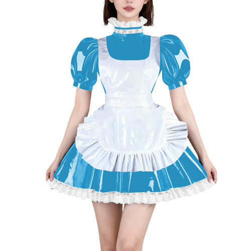Womens French Maid Cosplay Mini Dress Puff Short Sleeve High Neck Lace Trim Dress with Apron Halloween Carnival Party Costume
