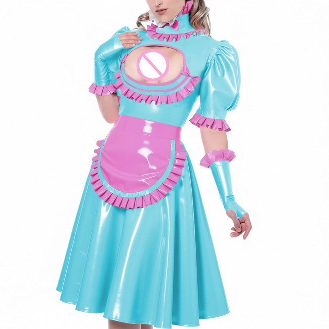 Sexy Hollow Vinyl PVC Leather Maid Dress High Neck Ruffles Trims Puff Sleeve A-Line Dress with Gloves Apron Naughty Maid Uniform
