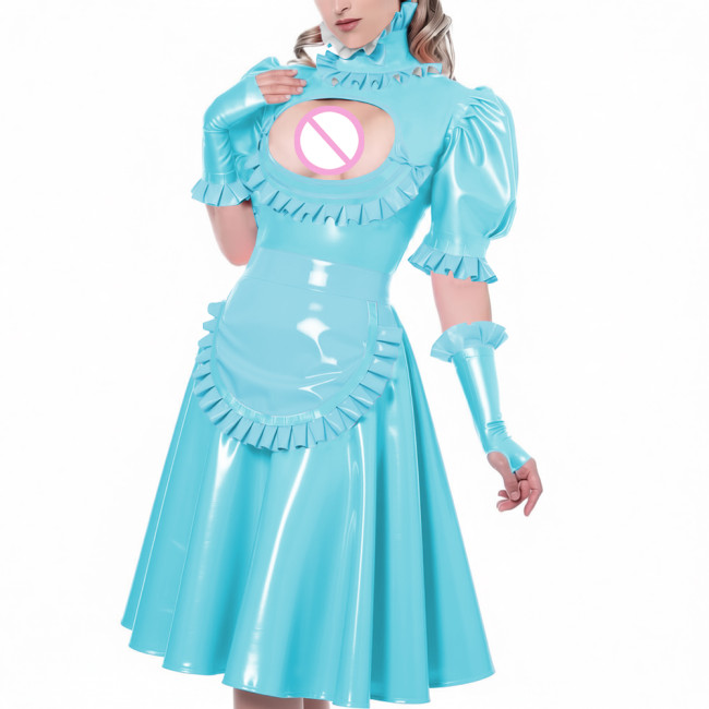 Sexy Hollow Vinyl PVC Leather Maid Dress High Neck Ruffles Trims Puff Sleeve A-Line Dress with Gloves Apron Naughty Maid Uniform