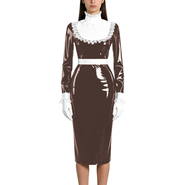 Shiny Wetlook PVC Maid Pencil Dress Elegant Ruffles Collar Long Sleeve Mid Dress Sissy Crossdresser Raves Party Cosplay Dresses