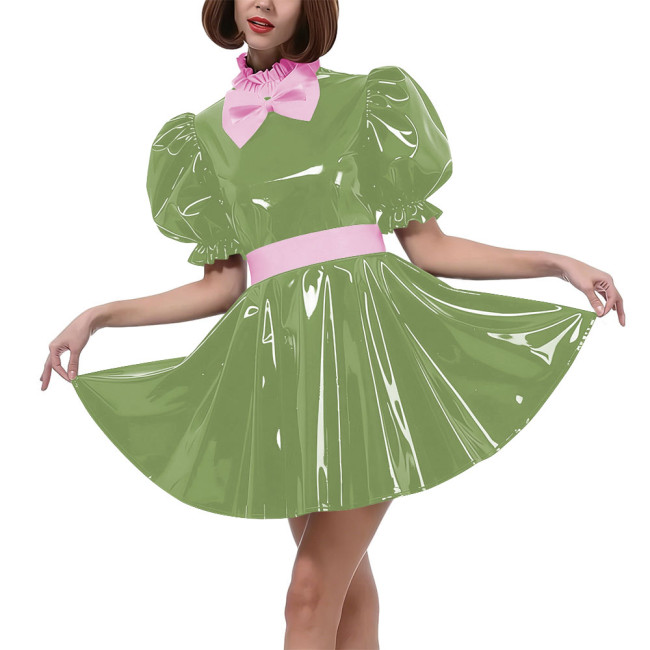 Sweet Bow Lolita Pleated Mini Dress Women Puff Sleeves Maid Cosplay Costume PVC Patent Leather Party Dress Outfit Crossdressring
