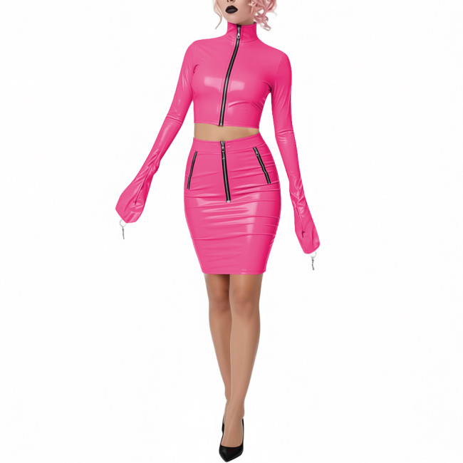Shiny PVC Leather Club 2-Piece Set High Neck Full Sleeve Crop Top with Bodycon Pencil Skirt Novelty Chic Dress Outfits for Party
