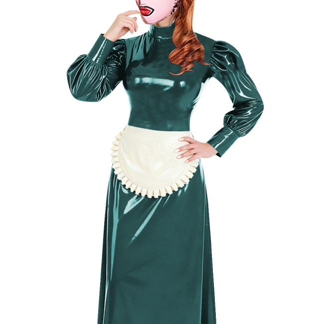 Elegant Long Maid Dress with Apron High Neck Long Sleeve PVC Shiny Leather Maid Dresses Cosplay Sissy Servants Wetlook Uniforms