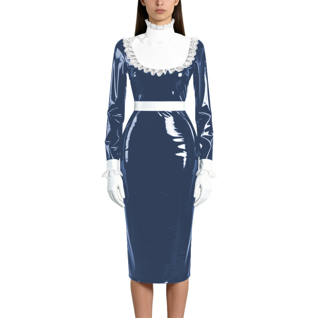 Shiny Wetlook PVC Maid Pencil Dress Elegant Ruffles Collar Long Sleeve Mid Dress Sissy Crossdresser Raves Party Cosplay Dresses