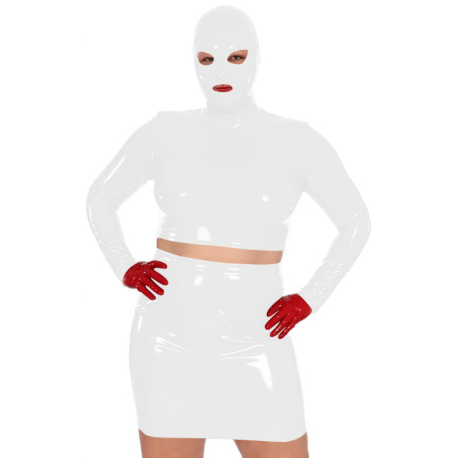 Novelty Women Glossy PVC Leather Masked Top Mini Skirt Club Cosplay 2Pc Sets Sexy Long Sleeve Crop Tops with High Waisted Skirts