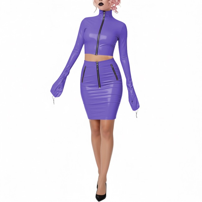 Shiny PVC Leather Club 2-Piece Set High Neck Full Sleeve Crop Top with Bodycon Pencil Skirt Novelty Chic Dress Outfits for Party
