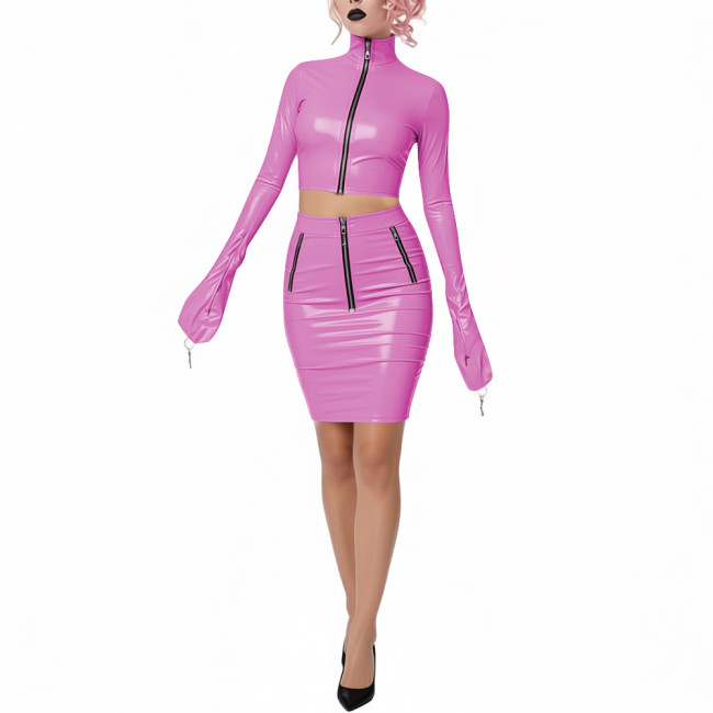 Shiny PVC Leather Club 2-Piece Set High Neck Full Sleeve Crop Top with Bodycon Pencil Skirt Novelty Chic Dress Outfits for Party
