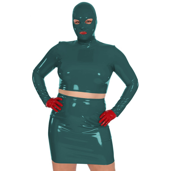 Novelty Women Glossy PVC Leather Masked Top Mini Skirt Club Cosplay 2Pc Sets Sexy Long Sleeve Crop Tops with High Waisted Skirts