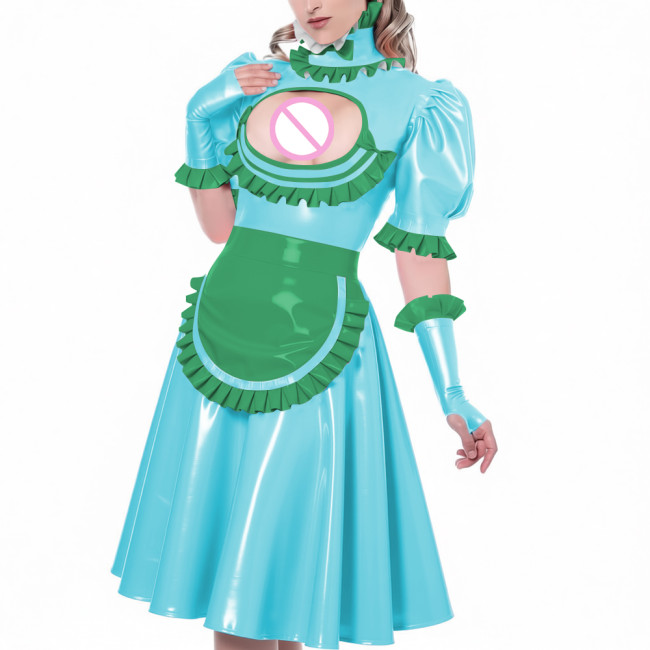 Sexy Hollow Vinyl PVC Leather Maid Dress High Neck Ruffles Trims Puff Sleeve A-Line Dress with Gloves Apron Naughty Maid Uniform