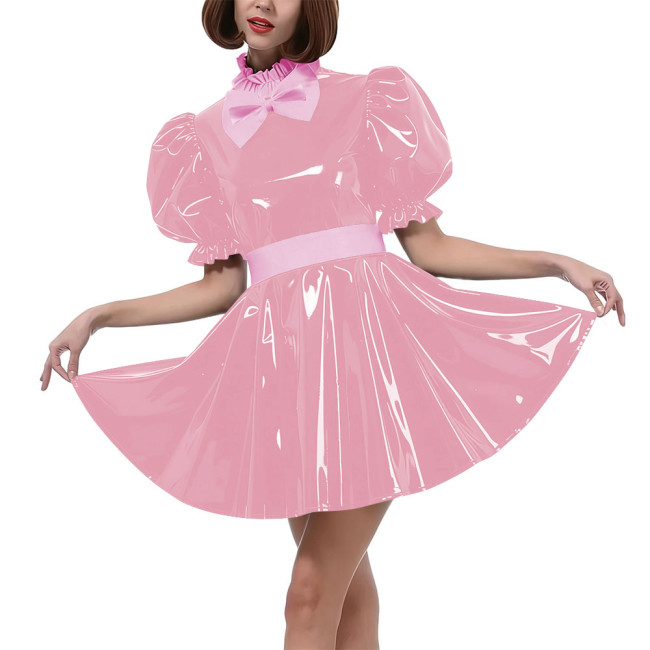 Sweet Bow Lolita Pleated Mini Dress Women Puff Sleeves Maid Cosplay Costume PVC Patent Leather Party Dress Outfit Crossdressring