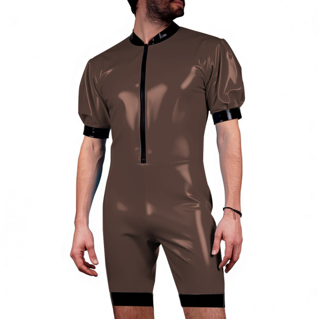 Mens Plus Size Wetlook Shorts Bodysuit PVC Shiny Leather Puff Short Sleeves Rompers Club Underwear Tight Catsuit Male Lingerie