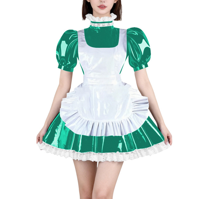 Womens French Maid Cosplay Mini Dress Puff Short Sleeve High Neck Lace Trim Dress with Apron Halloween Carnival Party Costume