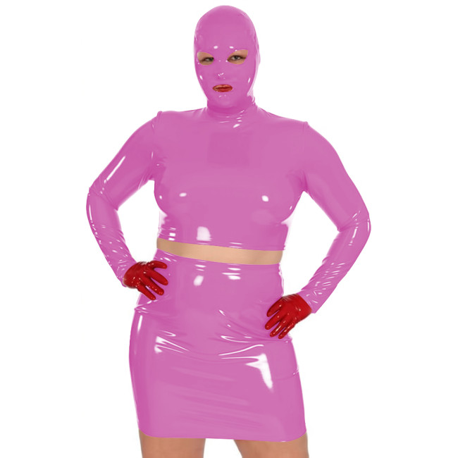 Novelty Women Glossy PVC Leather Masked Top Mini Skirt Club Cosplay 2Pc Sets Sexy Long Sleeve Crop Tops with High Waisted Skirts