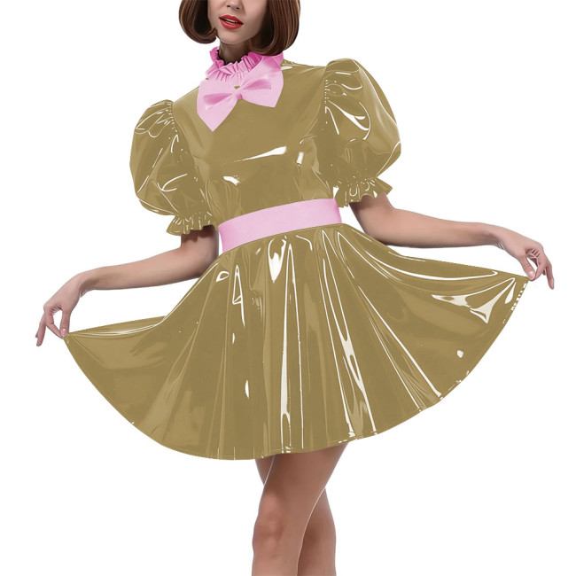 Sweet Bow Lolita Pleated Mini Dress Women Puff Sleeves Maid Cosplay Costume PVC Patent Leather Party Dress Outfit Crossdressring
