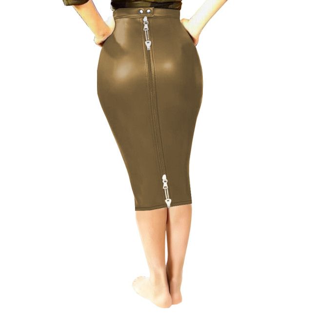 High Street Sexy High Waist Bodycon Skirt Lockable Women Slim-fit Solid Color Knee-length PU Matte Leather Skirt Sissy Clubwear