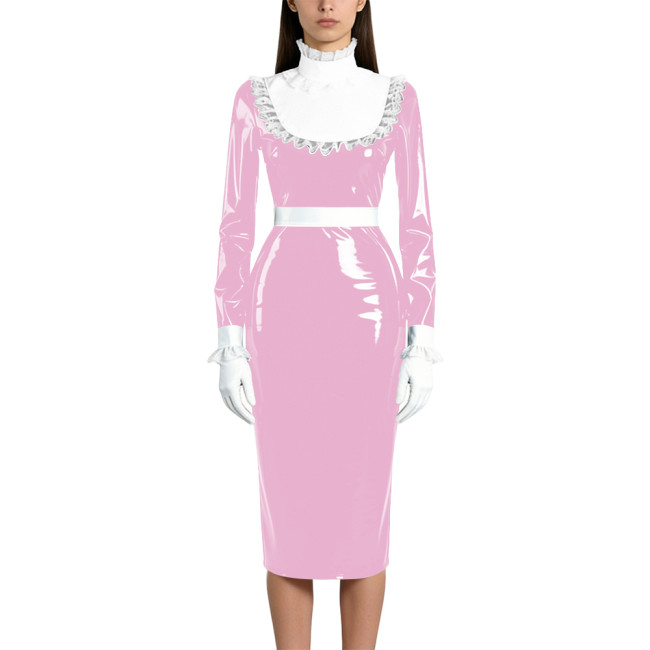 Shiny Wetlook PVC Maid Pencil Dress Elegant Ruffles Collar Long Sleeve Mid Dress Sissy Crossdresser Raves Party Cosplay Dresses