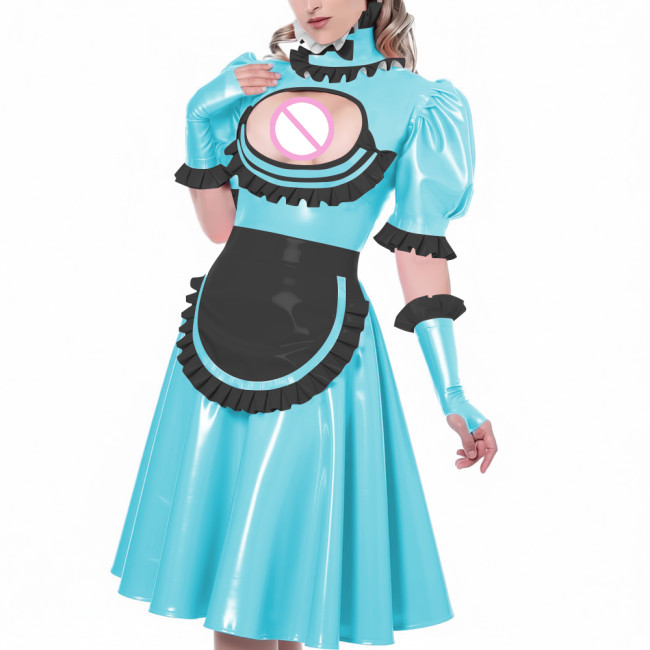 Sexy Hollow Vinyl PVC Leather Maid Dress High Neck Ruffles Trims Puff Sleeve A-Line Dress with Gloves Apron Naughty Maid Uniform