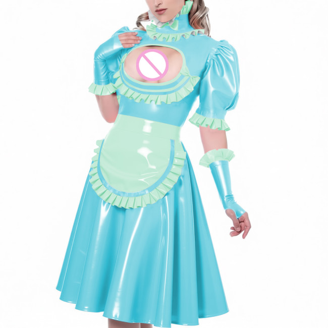 Sexy Hollow Vinyl PVC Leather Maid Dress High Neck Ruffles Trims Puff Sleeve A-Line Dress with Gloves Apron Naughty Maid Uniform