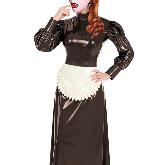 Elegant Long Maid Dress with Apron High Neck Long Sleeve PVC Shiny Leather Maid Dresses Cosplay Sissy Servants Wetlook Uniforms
