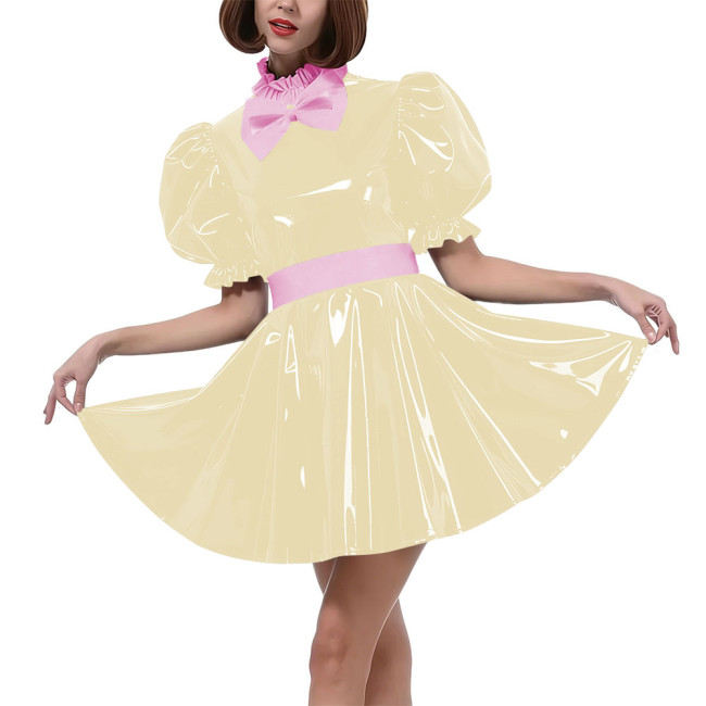 Sweet Bow Lolita Pleated Mini Dress Women Puff Sleeves Maid Cosplay Costume PVC Patent Leather Party Dress Outfit Crossdressring