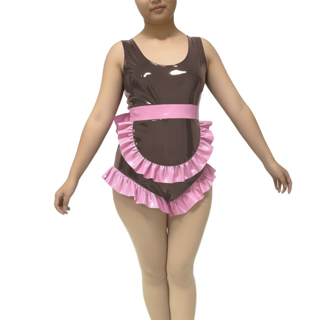Ruffles Sexy Sleeveless Maid Bodysuit Fetish PVC Glossy Leather High Cut Rompers Sissy Maid Cosplay Leotard Crossdress Lingerie